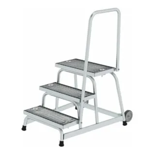MUNK Montagetritt 51023 - Fahrbares Arbeitspodest bis 150kg - Robustes Arbeitspodest mit 3 Gitterrost-Stufen, 2,60 m maximale Arbeitshöhe und sicherem Handlauf. Ideal für professionelle Anwendungen in Werkstätten und Bau. Made in Germany.