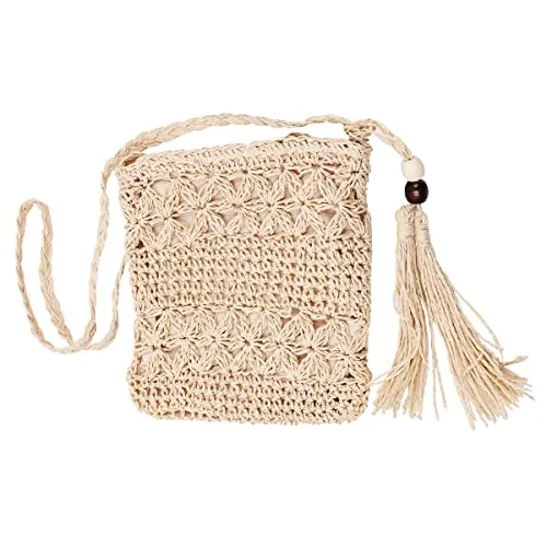 WANGCL Damen-Sommer-Strand-Strohtaschen mit Quaste Mini-Strohhandtaschen mit Reißverschluss-Gewebe, handgefertigte Umhängetasche, böhmische Schultertasche (Beige)