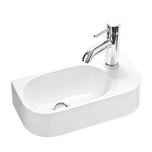 Gäste WC Waschbecken PARK 40x20 cm aus Mineralguss für Wandmontage oder Aufsatzwaschbecken mit Hahnloch Rechts, Waschbecken mit Lotus-Effekt