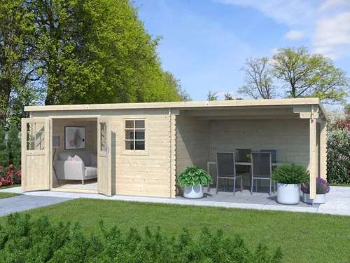 Gartenhaus Blockhaus Gerätehaus Garten Pultdach 28mm naturbelassen mit 3m Anbau