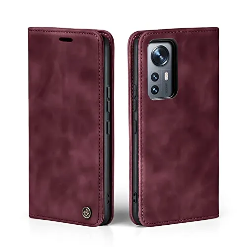 LBH Handyhülle für Xiaomi 12T / Xiaomi 12T Pro in Weinrot mit Karten- und Geldfach Smartphone Hülle mit Standfunktion Flip Case Schutzhülle Magnetverschluss Vintage