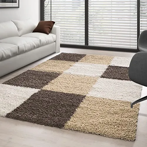 Carpettex Hochflor Teppich Wohnzimmer Shaggy Flokati Modern Kariert 160 x 230 cm Mokka - Schlafzimmer Weich Flauschig Waschbar Küche Esszimmer - Langflor