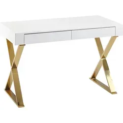Schreibtisch Holz Hochglanz Weiß mit Goldenen Metallbeinen 118x76x57 cm - Moderner Schreibtisch mit zwei geräumigen Schubladen und großzügiger Arbeitsfläche. Ideal für Büro, Homeoffice oder als Schminktisch. Hochglänzende Oberfläche und elegantes Design sorgen für einen stilvollen Akzent.