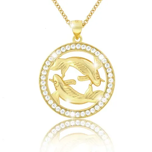 PAVELS Elegante Damen Halskette Sternzeichen FISCHE Kette 18 Karat Gold plattiert glänzende Zirkonia in AAA Qualität aus der Kollektion ECLIPSE, inkl. Schmuckbox und Echtheits-Zertifikat