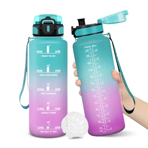 Trinkflasche, 1500ML BPA-Frei, Wasserflasche, Auslaufsicheres Schlossdesign, Trinkflaschen, Mit Zeitstempel, Trinkflasche Kinder Auslaufsicher für Sport, Camping Wasserflasche Kinder - GrünPulver