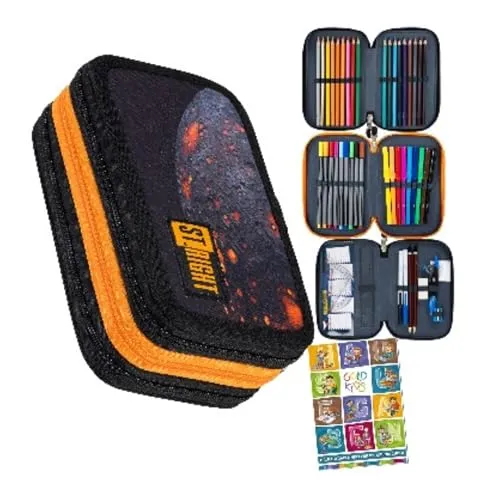 Goldkids Federmäppchen 3 Fächer – Volcanik Moon Motiv - Federmäppchen für Jungen und Mädchen, gefüllt mit 46 hochwertigen Schulmaterialien und robustem Design für lange Haltbarkeit. Ideal für kreative Schüler!