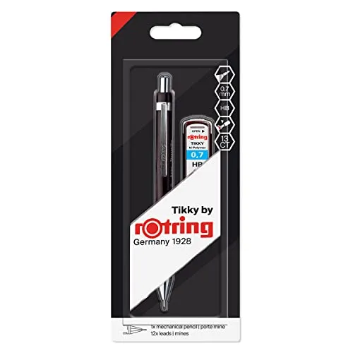 rOtring Tikky Druckbleistift | 0,7 mm Druckbleistift | Minendose mit 12 Minen | Schwarz