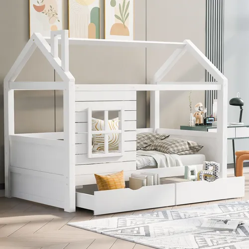 STILVORA Kinderbett 90x200 Jugendbett aus Massivholz,mit 2 Schublade&Fenster und Lattenrost,Hausbett mit Stauraum,mit Rausfallschutz,Weiß(Ohne Matratze)