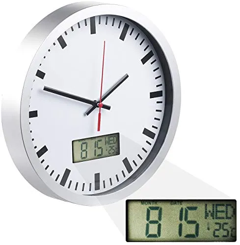 St. Leonhard Wanduhr mit Thermometer: Analoge Wanduhr, digi. Datums- & Temperaturanzeige, Bahnhofsuhr-Design (Digital und analog, Bad Uhren)