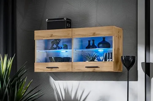 Komodee, Vitrine Schrank Savona, Wotan/Wotan, Breite 100cm x Höhe 50cm x Tiefe 30cm, Blaue LEDs, 2 Glasböden, 2 Türen, für Wohnzimmer, Küche