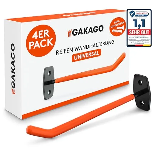 Gakago Reifenhalter Wandhalterung – 4er Felgenhalter Set - Regalbefestigungen mit extra langer Aufhängung für alle gängigen Autoreifen, reifenschonend und rutschfest für sichere Lagerung.