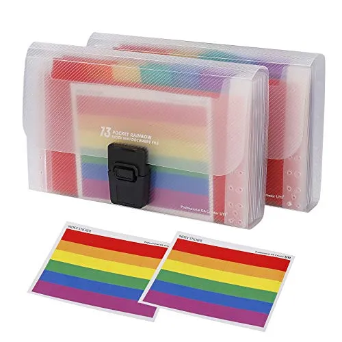 Mini Fächermappe A6 Dokumenthüllen 13 Taschen, 2 Stück Tragbar Dokumentenmappe Plastik Bunt Aktenordner Dokumenten Organizer Brieftasche mit Colored Beschriften
