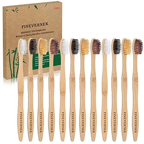 FINEVERNEK 12 Pack Bambus Zahnbürsten - Nachhaltige Holzzahnbürsten mit ergonomischem Griff für effektive Reinigung. 100% vegane Materialien, BPA-frei und biologisch abbaubar – die umweltfreundliche Alternative zur Kunststoffzahnbürste.