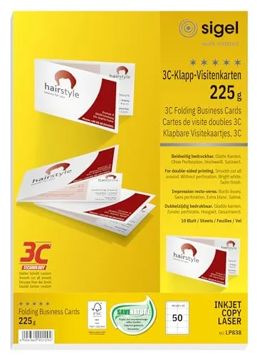 SIGEL LP838 Klapp-Visitenkarten 3C, 50 Stück = 10 Blatt, beidseitig bedruckbar, hochweiß, glatter Schnitt rundum, 180x55 mm