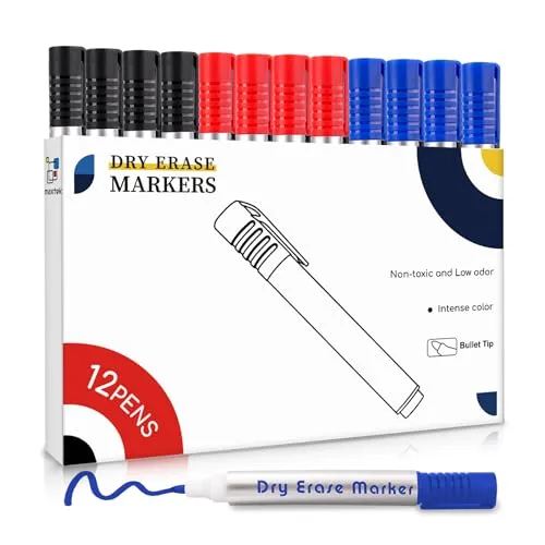 maxtek Whiteboard Marker 12 Whiteboard Stifte Rundspitze ca.2-3mm Linienbreite, Set mit 3 Farben hohe Qualität Geruchsarme Tinte, Zubehör für Schule, Büro, Zuhause