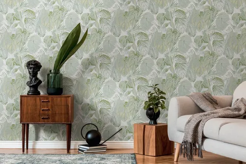 Dschungeltapete Grün Weiß Grau Gold - Livingwalls Famous Garden 393554 - Vliestapete mit Metallic-Effekt, ideal für Wohnzimmer und Schlafzimmer. Made in Germany, sorgt für eine einfache Verarbeitung und beeindruckt mit außergewöhnlichem Design.