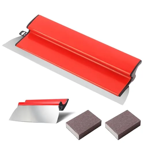 Flächenspachtel 40cm Edelstahl Klinge, Austauschbar, Flexibel mit Ergonomischem Z-Griff für Wanddekoration und Bauarbeiten, Trockenbau Finishing Spachtel Werkzeug Set mit 2x Schleifschwamm 120 Körnung