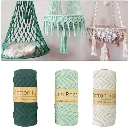 MeoZynxadril 3 Stück Makramee Garn, 3mm x100m, DIY Macrame Cord, Baumwollgarn, Natur, für Blumenampel, Deko, Vorhang, Türvorhang, Wand Aufhängung