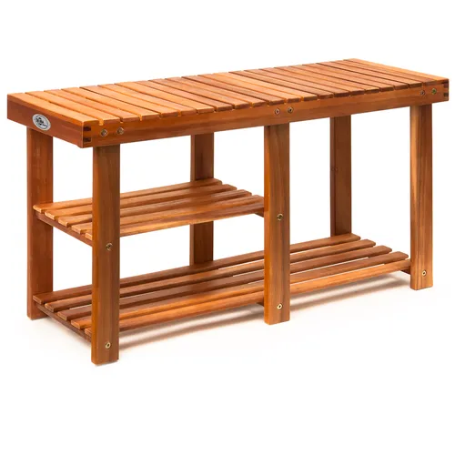 Casaria® Schuhbank mit Sitzfläche 87x45 cm - 160kg Belastbarkeit - Drohnen - Elegante Schuhbank aus massivem Akazienholz, kombinierbar als Sitzbank und Schuhregal, pflegeleicht und robust mit 3 Ablagen für Schuhe und mehr.