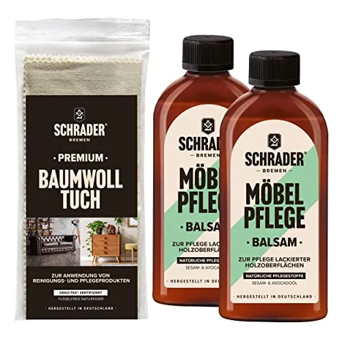 SCHRADER Möbelpflege Set - 3-teiliges Balsam für lackierte Holzmöbel - Möbel & Holz-Politur mit natürlichem Avocado- und Sesamöl, schützt und pflegt lackierte Holzoberflächen. Inklusive fusselfreiem Poliertuch für optimale Ergebnisse.