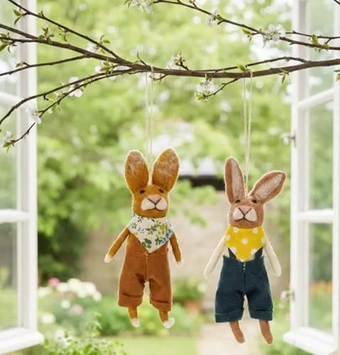 LB H&F Osterhasen 2er Set Figuren, 16cm groß zum Hinstellen oder Aufhängen, Handarbeit mit vielen Details, Ostern Osterdeko aus Filz, Deko Hasen (2)