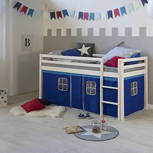 Homestyle4u Kinderbett 90 x 200 Weiß Blau Hochbett mit Treppe Vorhang Bettgestell Holz Kiefer Kinderzimmer