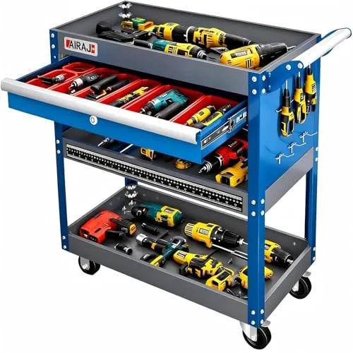 AIRAJ 3-Layer Werkstatt-Rollwagen Montagewagen, with Lockable Drawers and Two-Layer Shelves, Maximum Load Capacity of 200kg, Handwagen Werkstatt that can accommodate Heavy Equipment.