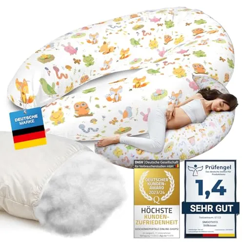 SMOOTHY® Stillkissen Schwangerschaftskissen XXL Premium Seitenschläfer-Kissen; Baumwoll-Bezug Schlafkissen & Lagerungs-Kissen für Mutter (Bunt Tiere, Bezug + Kissenwatte (Selbstbefüllung))