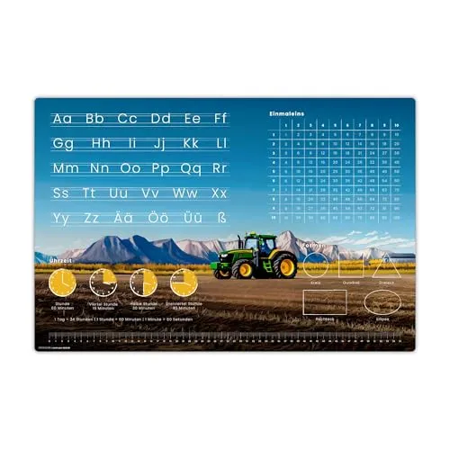 cover-your-desk.de Schreibtischunterlage Traktor - Lernunterlage für Kinder - Pädagogisch wertvolle Schreibunterlage aus hochwertigem, BPA-freiem Vinyl, ideal für Grundschüler. Fördert spielerisches Lernen mit ABC, 1x1 und mehr. Made in Germany.