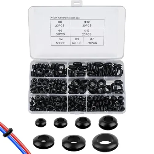 UKOFEW 260 Stück Kabeldurchführung Gummi,7 Größen Gummitüllen Set,Kabeltüllen für Draht, Elektroinstallation,Kabelkanal, Kabelschutz,Stecker und Kabel (Schwarz)