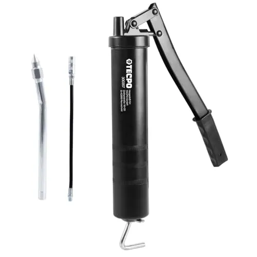 TECPO Fettpresse mit Handhebel inkl. Panzerschlauch, Düsenrohr mit Schmiernippel und Mundstück für 400g Kartuschen 5000PSI Hebelfettpresse Schmierung Pistolengriff Flex Rohr Metall Rohr Verlängerung