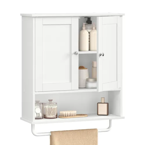 VASAGLE Wandschrank mit Türen und Handtuchhalter, Hängeschrank für Bad im Landhausstil, Weiß