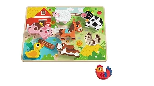 Tooky Toy 3D Kinder Holz-Puzzle Tiere, 8-teiliges Steckpuzzle, ab 12 Monaten, Farbe:grün