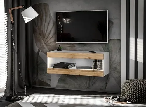 Komodee, RTV-Schrank, Tivoli RTV2, Weiß/Wotan, Breite 100cm x Höhe 36cm x Tiefe 35cm, ohne LED, für Wohnzimmer, Schlafzimmer