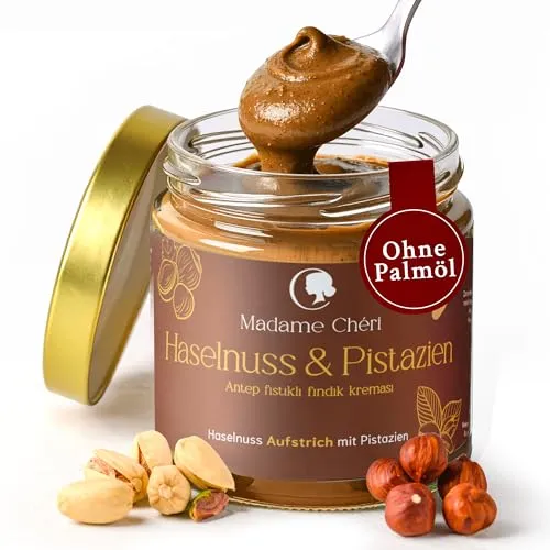 Madame Chéri Haselnuss-Pistaziencreme 200 g – Haselnuss Aufstrich mit Antep-Pistazien – Perfekt als Brotaufstrich, für Gebäck & Desserts – Haselnusscreme ohne Palmöl & Zusatzstoffe