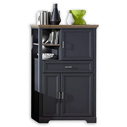 Stauraumelement Varese in Grau – Hochwertiges Wohnzimmerschrank-Design - Hochwertiges Stauraumelement im Landhausstil mit zwei Regalfächern, Soft-Close-Funktion und sechs großen Fächern hinter Türen. Ideal für Ordnung und Stil im Wohnzimmer.