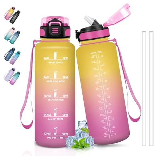 Sport-Trinkflasche 1,5 l, mit Strohhalm, wiederverwendbar, Zeitmarkierung, für Fitnessstudio, Yoga, Laufen, Radfahren, Wandern