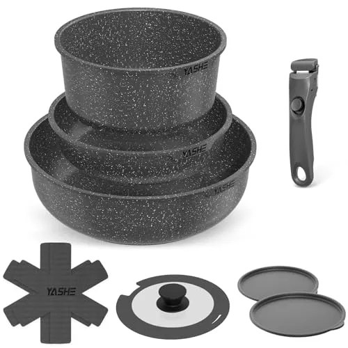 YASHE 9-teiliges Topf und Pfannenset, Antihaft-Kochgeschirr set,stapelbares TöPfe Set, Für Alle Herdarten, Abnehmbarer Griff, Ofenfest, Stapelbar Platzsparend, Schwarz