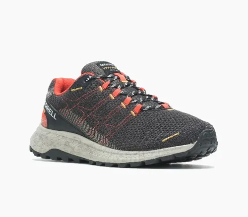 Merrell Trail-Laufschuhe Fly Strike schwarz/rot Herren - Robuste Laufschuhe für Trailrunning mit abriebfestem Obermaterial, ideal für schnelle Läufe auf unbefestigten Wegen. Vegan und umweltfreundlich dank recyceltem EVA-Schaum.