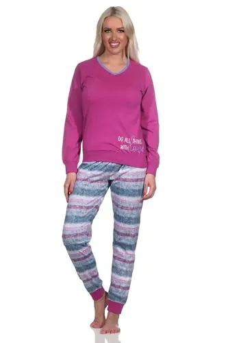 Normann Damen Langarm Schlafanzug in Beere mit Streifenoptik, Größe 40-42 - Bequemer Langarm Damen-Pyjama in stilvoller Streifenoptik aus weichem Jersey. Die Bündchen sorgen für optimalen Sitz und Komfort, ideal auch als Lounge- oder Hausanzug. Hergestellt nach strengen Qualitätsstandards.