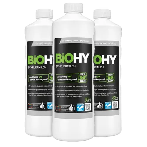BiOHY Scheuermilch (3 x 1 Liter) | Effektive Reinigung ohne Kratzer - Entfernt hartnäckigen Schmutz mühelos und sorgt für streifenfreien Glanz auf verschiedenen Oberflächen. Ideal für die Pflege von Emaille, Keramik und Edelstahl – umweltfreundlich und materialschonend.