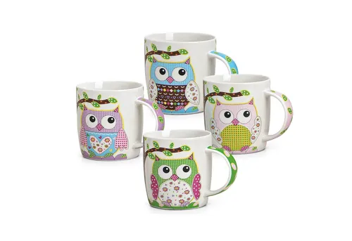 matches21 HOME & HOBBY Tasse Süsse Kaffeetassen 4er Set - 4-teiliges Porzellan-Set mit lustigen Eulen-Motiven, mikrowellen- und spülmaschinengeeignet, ideal für Kaffee und Tee.