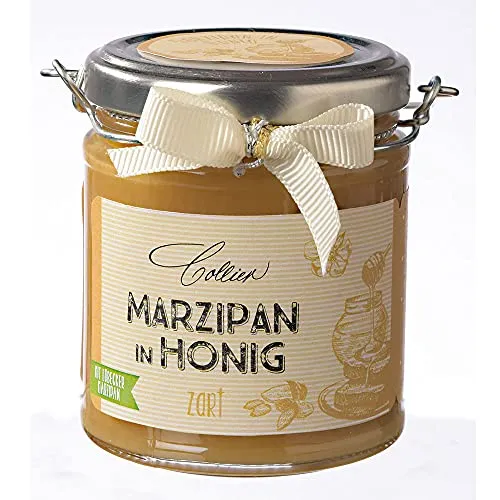 Marzipan in Honig - im Glas (250g) - Marzipan-Süßigkeiten: ECHTES Lübecker Marzipan vereint mit aromatischem Bienenhonig. Ideal zum pur genießen oder als süßer Aufstrich. Das stilvolle Glas kann nach dem Genuss als Dekoration verwendet werden.