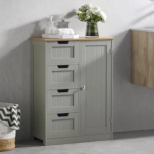 Bath Vida Badezimmerschrank mit 4 Schubladen und 1 Tür – Moderner Aufbewahrungsschrank in Grau und Eiche