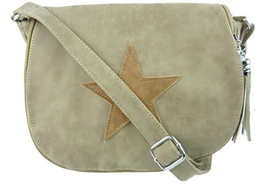 Schultertasche Stern - Damen Umhängetasche mit Stil - Leder Optik - 30 x 25 x 10 cm (beige aprikot)