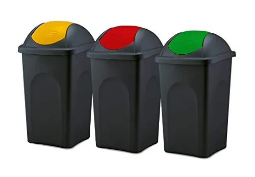 BigDean 3er Set Mülleimer 60L - Schwarz mit Schwingdeckel in Gelb, Rot & Grün - Praktisches 3er Set Mülleimer mit 60L Fassungsvermögen für effektive Abfallentsorgung im Haushalt, Büro oder Küche. Der Schwingdeckel ermöglicht eine einfache Handhabung und die matte Oberfläche sorgt für mühelose Reinigung.