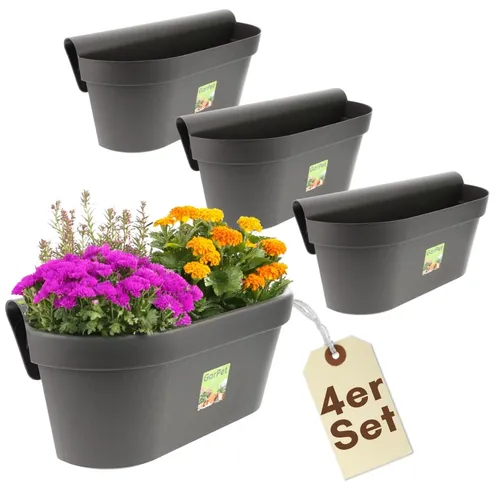 4x Geländerkasten Balkon mit Wasserspeicher - Garten-Zubehör: Set mit 4 ovalen Geländerkästen in Anthrazit, ideal für Blumen und mit integriertem Wasserspeicher für optimale Pflanzenpflege.