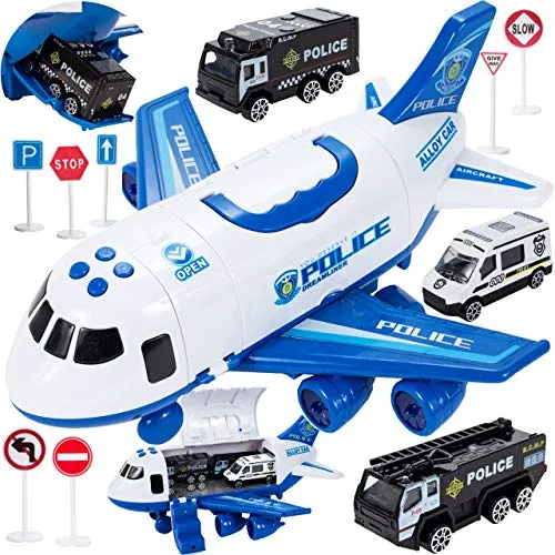 MalPlay Flugzeug mit Fahrzeugen | inkl. 3 Polizeiwagen | Lernspielzeug ab 3 Jahren | Geschenk für Kinder