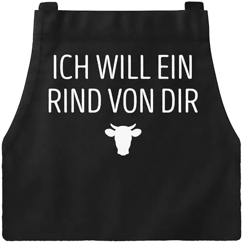 MoonWorks® Grill-Schürze für Männer lustig mit Spruch Ich will ein Rind von Dir Premium Baumwollschürze Küchenschürze Schwarz Herren