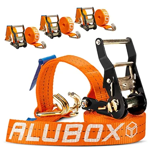 Alubox Spanngurt mit Ratsche und J-Haken 38mm - 1000kg Belastbarkeit - Ratschen-Spanngurt 4 Stück, 4,6m lang, TÜV G/S geprüft, ideal für sicheres Verzurren beim Transport und Camping, temperaturbeständig von -40° bis 180°.